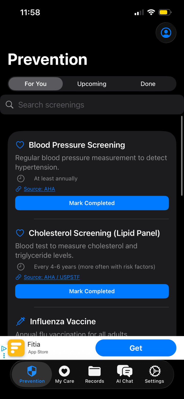 Health Depo preventive-screenings screen, listing blood pressure and cholesterol checks